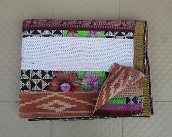Patchwork Kantha Quilt-Handmade Indian Blanket-Colorful Striped Throw with Geometric Back-Boho Vintage Bedspread-Eco-Friendly Textile