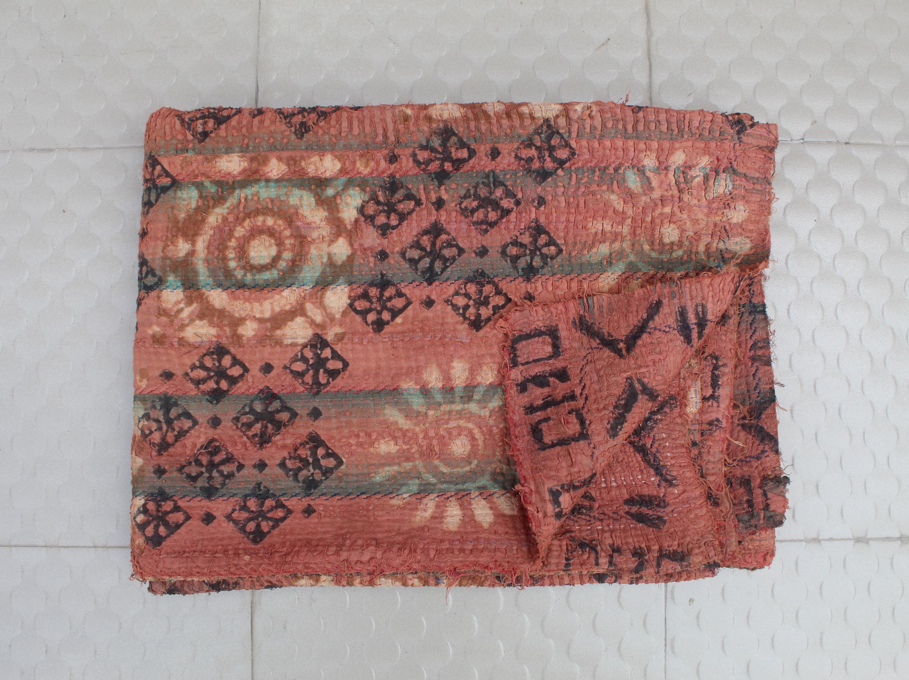 Exquisite Old Antique Kantha Quilt From Bengal Natural Brown Hand Block Print Bedding Quilt Indian Cotton Bedspread for Home Decor