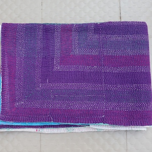 Vintage Kantha Quilt Throw, Purple Patchwork Boho Blanket, Reversible Cotton Bedspread