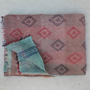 Handmade Vintage Kantha Quilt: Handstitched Indian Cotton Bedspread