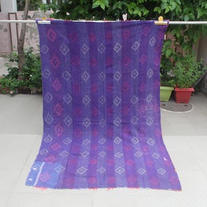 Vintage Blue & Orange Kantha Quilt | Hand-Stitched Cotton Throw Blanket | Reversible Indian Bedspread | Boho Ikat Pattern Quilt | Home Decor