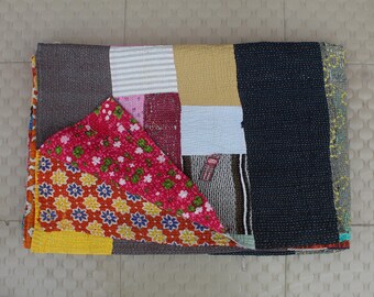 Colorful Patchwork Kantha Quilt: Vintage Indian Cotton Throw (60x90 Inches)