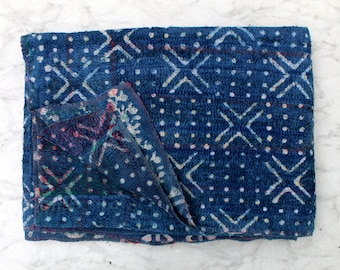 Indigo Kantha Quilt Handmade Throw Hand Block Indigo Print Hand Stitched Indigo Cotton Blanket Kantha Bedspread Reversible Quilt Bedcover