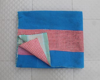 Blue Patchwork Kantha Quilt | Reversible Twin Bedspread
