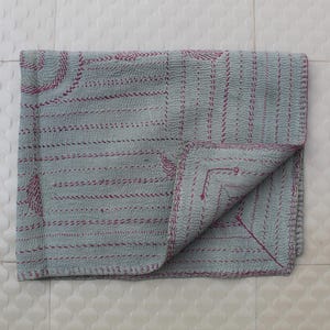 Handmade Nakshi Kantha Mini Quilt: Red Thread Embroidered Textile Art (25 x 33 Inches)