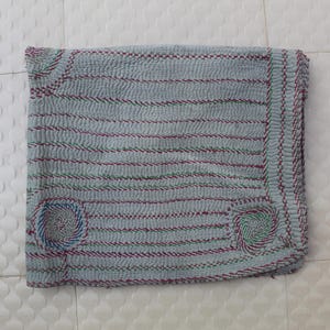 Handmade Nakshi Kantha Mini Quilt: Red Thread Embroidered Textile Art