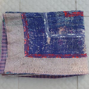 Vintage Indigo Kantha Quilt Throw, Handmade Reversible Boho Blanket, Geometric Patchwork Bedspread