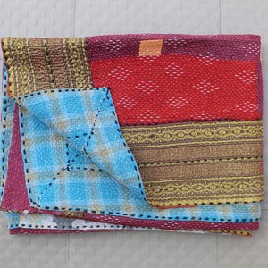 Bohemian Kantha Quilt | Twin Size Cotton Blanket | Rustic Floral/Geometric Bedding