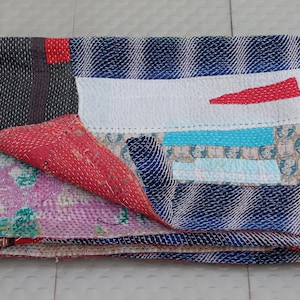 Vintage Kantha Quilt: Reversible Cotton Patchwork Bedspread (64x94) – Boho Rustic Bedding