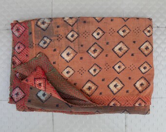 Hand Block Print Vintage Kantha Quilt: Reversible Cotton Boho