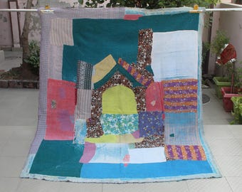 Ambachtelijke Kantha-quilt | Vintage katoenen patchwork plaid (60 x 80 inch)