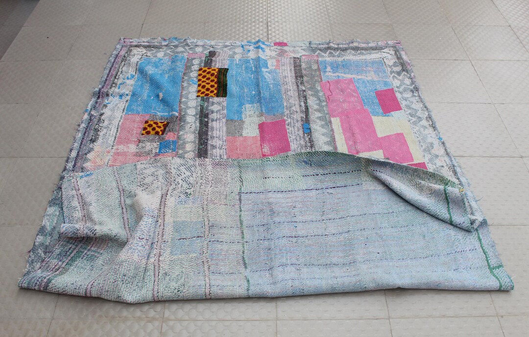 King Size Blue Cotton Kantha Quilt – Indian Patchwork Throw, 108" X 90"