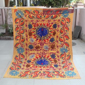 Hand Embroidered Kantha Quilt: Vintage Suzani Floral Cotton Throw
