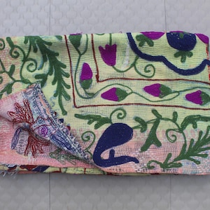 Handmade Suzani Embroidered Quilt: Floral Kantha Throw, Boho Wall Hanging