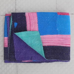 Geometric Kantha Quilt: Handmade Indian Cotton Throw, Twin Size