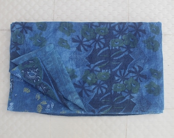 Vintage Indigo Kantha Quilt: Hand-Stitched Reversible Queen Bedspread