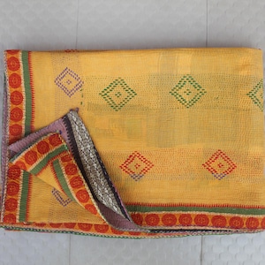 Handmade Yellow Kantha Quilt: Reversible Vintage Cotton Throw