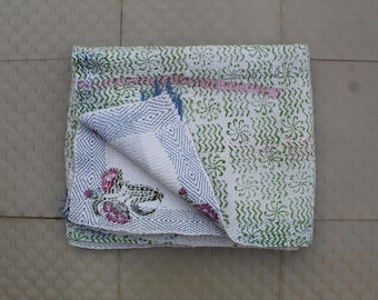Handmade Kantha Quilt: Floral Stripe Twin Throw, Reversible Cotton Blanket