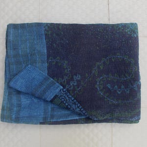 Vintage Indigo Kantha Quilt: Hand-Stitched Reversible Cotton Queen Bedspread
