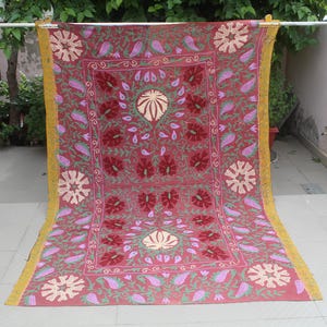 Vintage Kantha Suzani Quilt–Hand Embroidered Floral Throw Blanket,Reversible Bohemian Bedding,Indian Handmade Folk Art ,Boho Cotton Coverlet
