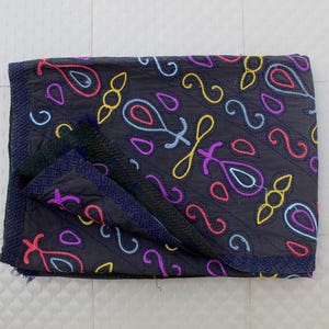 Vintage Black Kantha Quilt: Colorful Indian Throw Blanket