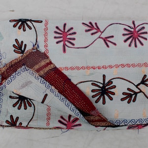 White Suzani Vintage Kantha Quilt: Hand-stitched Embroidered Throw