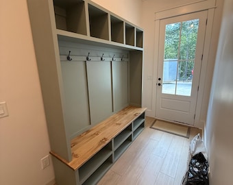 Handmade Farmhouse Hall Tree: Entryway Mudroom Bench with Coat Hooks