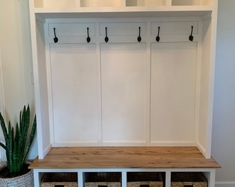 Handmade Farmhouse Hall Tree: Entryway Mudroom Bench with Coat Hooks