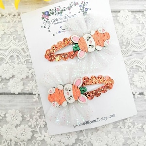 Snap clips set-Small hair clips-Glitter snap clips-Easter bunny hair clips-Easter hair clips-Scalloped snap clips