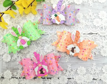 Easter Gnome hair bows/Bunny gnome hair bows/Pigtail clips/Girls hair bows/Pigtail bows/Glitter hair bows