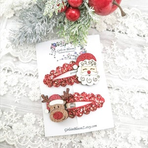 Christmas hair clips-Large snap clip set-Glitter snap clips-Fringe clips-Santa hair clip- Reindeer hair clip- Christmas gift