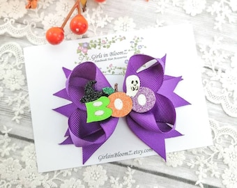 Purple Halloween Hair Bow: Spooky BOO Headband or Clip