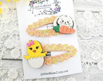 Easter hair clips-Large snap clip set-Glitter snap clips-Fringe clips-Easter bunny hair clip- Easter chick hair clip-Easter gift for girl