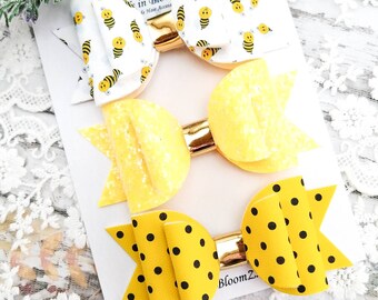 Handmade Bee Hair Bows Set: Yellow Hair Clips for Girls