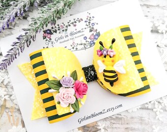 Bumble Bee Glitter Hair Bow: Summer Yellow Hair Clip