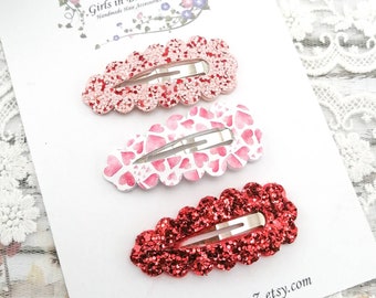 Red heart snap clip set-Small hair clips-Glitter snap clips-Fringe clip set-Valentines Day hair clips