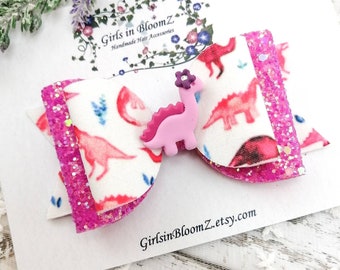 Dinosaur Hair Bow: Pink Glitter Bow with Clip or Headband