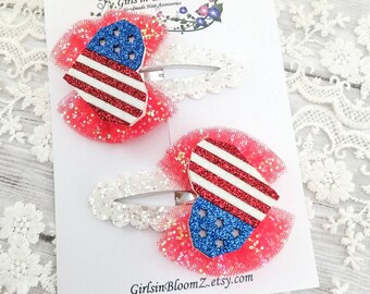 USA Flag Hair Clips: Glitter Patriotic Snap Clips - Set of 2