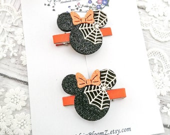 Halloween Mouse Hair Clips: Glitter Spiderweb Barrette, Set of 2