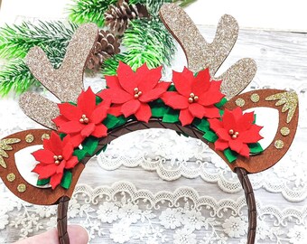 Fascia Natalizia Con Corna Di Renna E Fiori – Cerchietto Per Capelli Divertente Per Donne E Bambini – Accessorio Cosplay Per Natale, Halloween E Feste In Maschera