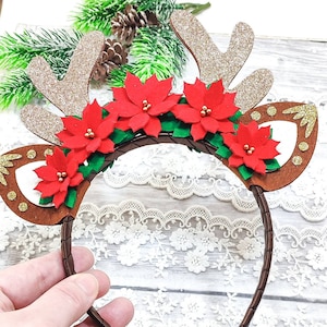 Deer Antler headband-Christmas Reindeer flower crown-Holiday crown with antlers-Christmas headband-Flower Deer horns