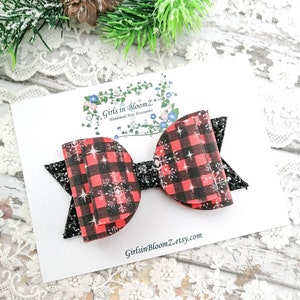 Buffalo Plaid Christmas Hair Bow: Glitter Accent, Toddler Headband