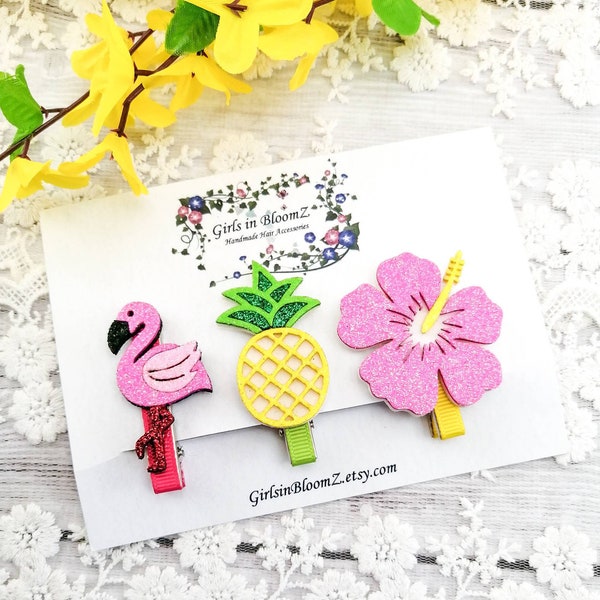 Tropical hair clips-Girls small hair clips-Fringe clip set-Set of 3 hair clips-Summer flower hair clip-Pineapple hairclip-Flamingo hair clip