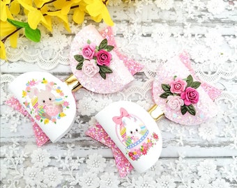 Bunny hair bow/Easter hair bow/Pink hair bow/Rabbit hair bow/Glitter hair bow/Bunny headband/Easter bow headband/Toddler pink bow headband