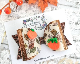 Pumpkin Hair Bow: Glitter Fall Headband with Leaves