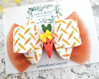 Carrot Hair Bow, Spring Easter Glitter Accessory, Orange White Tulle Clip