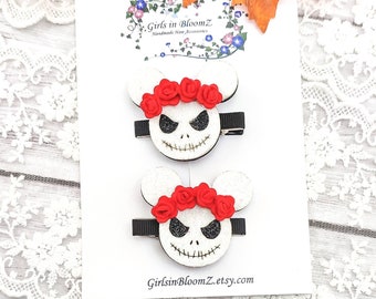 Halloween Mouse Hair Clips: Handmade Jack Skellington Barrette (Set of 2)