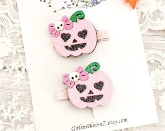 Pink Pumpkin Hair Clips, Halloween Barrette Set