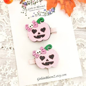Pink Pumpkin hair clips/Halloween hair clips/Pumpkin barrette/Hair clippies/Set of 2 fall hair clips