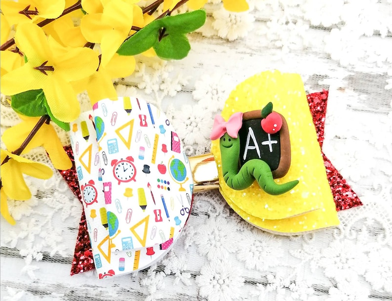 Back to school hair bow-Red and yellow glitter bow-4 inches hair bow-Pencil hair bow-Chalkboard hair bow-First day of school hair bow